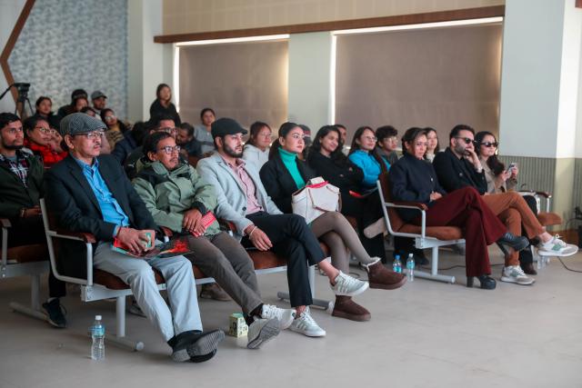 (251215) -- KATHMANDU, Dec. 15, 2025 (Xinhua) -- Nepali actors, directors and filmmakers attend the opening ceremony of the 2025 Himalayan Rim Regional Film Exhibition in Kathmandu, Nepal, Dec. 14, 2025.
  The 2025 Himalayan Rim Regional Film Exhibition commenced at Nepal's Tribhuvan University in Kathmandu on Sunday.
  Themed "Civilizational Mutual Learning, Technological Innovation," the event utilized a rich array of forms, including animated film screenings, craft workshops, cultural creative displays, and cinematic dialogues, to bring an audiovisual feast where traditional Chinese culture seamlessly blends with modern technology to young students.
  The eight-day touring exhibition, featuring four Chinese animation films, will also make stops at Kathmandu University and Lumbini Buddhist University. (Photo by Sulav Shrestha/Xinhua)