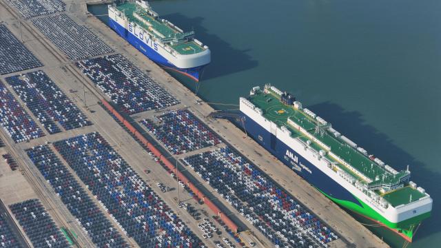 (251215) -- BEIJING, Dec. 15, 2025 (Xinhua) -- An aerial drone photo taken on Dec. 15, 2025 shows Chinese-made vehicles waiting for export in Yantai Port of Yantai, east China's Shandong Province.
  China's economy has maintained steady momentum in November, creating favorable conditions to achieve the annual growth target, as revealed by the latest economic indicators on Monday.
  In November, the country's value-added industrial output expanded 4.8 percent year on year. In the first 11 months, the industrial output increased by 6 percent. (Photo by Tang Ke/Xinhua)