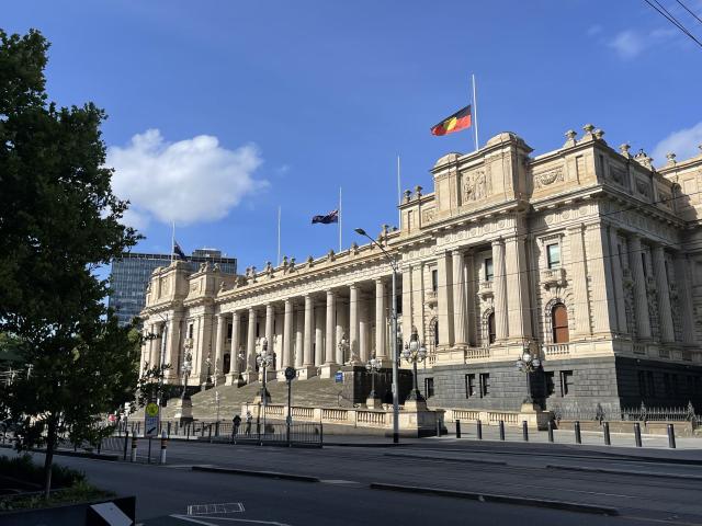 (251215) -- MELBOURNE, Dec. 15, 2025 (Xinhua) -- Flags fly at half-mast at the Victorian Parliament Building in Melbourne, Australia, Dec. 15, 2025.
  The death toll from a shooting at Sydney's Bondi Beach on Sunday has risen to 16, with a father and son identified as the attackers, police said Monday.
  The deceased range in age from 10 to 87 years old and includes one of the attackers.
   Another 40 people were being treated in hospital for their injuries as of Monday morning, five of whom were in critical condition. (Xinhua/Xu Haijing)