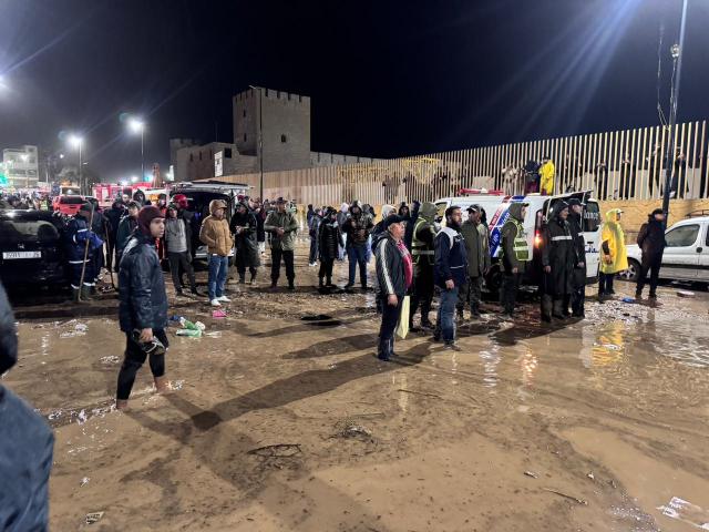 (251215) -- SAFI PROVINCE, Dec. 15, 2025 (Xinhua) -- Rescuers from the local security and civil defense department work in a flood-hit area in Safi province, Morocco, Dec. 14, 2025. At least 41 people were killed in flash floods caused by heavy rainfall in Morocco on Sunday, authorities said on Monday.
   In the Atlantic coastal province of Safi, local authorities said in a statement that the death toll had risen to 37, with 14 injured people receiving treatment at local hospitals.
   In the southern province of Tinghir, four people were killed after their vehicle was swept away by strong currents and overturned into a river between the areas of Fezou and El Hafira, local news outlet Hibapress reported. (Photo by Saouri Aissa/Xinhua)