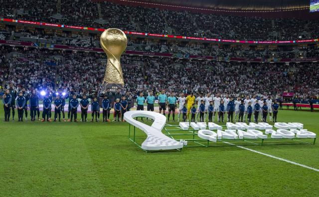 (251216) -- AL KHOR, Dec. 16, 2025 (Xinhua) -- Players and referees line up prior to the FIFA Arab Cup 2025 Semi-final match between Saudi Arabia and Jordan at Al Bayt Stadium in Al Khor, Qatar, on Dec. 15, 2025. (Photo by Nikku/Xinhua)