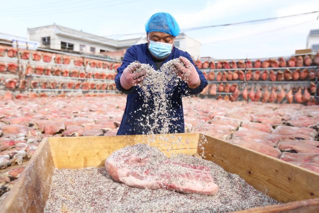 (251216) -- BEIJING, Dec. 16, 2025 (Xinhua) -- A man makes cured meat in Longxi County, Dingxi City of northwest China's Gansu Province, Dec. 8, 2025. (Photo by Wang Kexian/Xinhua)
