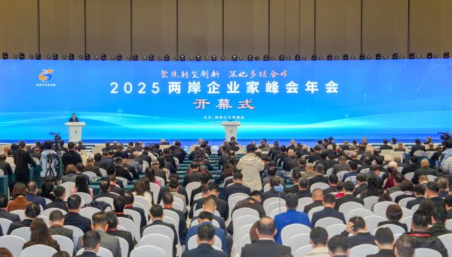 (251216) -- NANJING, Dec. 16, 2025 (Xinhua) -- This photo shows the opening of the 2025 annual conference of the Cross-Strait CEO Summit in Nanjing, east China's Jiangsu Province, Dec. 16, 2025. The 2025 annual conference of the Cross-Strait CEO Summit opened here Tuesday. About 800 people from the Chinese mainland and Taiwan gathered on Tuesday in Nanjing to discuss cross-Strait industrial transformation, innovation and cooperation. (Xinhua/Li Bo)