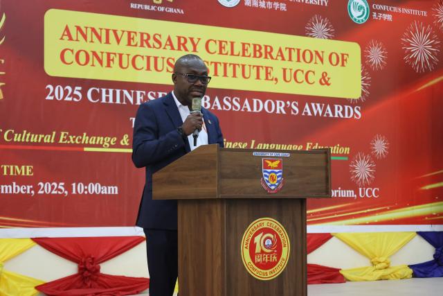 (251216) -- CAPE COAST, Dec. 16, 2025 (Xinhua) -- Denis Worlanyo Aheto, acting vice chancellor of the University of Cape Coast, speaks during a celebration marking the 10th anniversary of the Confucius Institute at the University of Cape Coast in Cape Coast, capital of Ghana's Central Region, Dec. 15, 2025. The Confucius Institute at the University of Cape Coast on Monday marked 10 years of Chinese language and culture education in the historical town of Cape Coast, capital of Ghana's Central Region. (Photo by Seth/Xinhua)