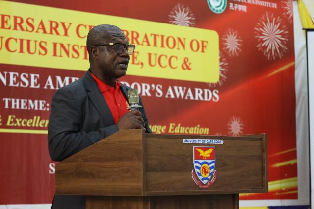(251217) -- CAPE COAST, Dec. 17, 2025 (Xinhua) -- Vincent Assanful, chairman of the Governing Board of the National Council for Curriculum and Assessment (NaCCA), speaks at the 10th anniversary of the Confucius Institute at the University of Cape Coast (CIUCC) in Cape Coast, capital of Ghana's Central Region, Dec. 15, 2025. Ghana is set to formally introduce the study of the Chinese language into basic schools across the country in early 2026, Assanful said Monday.
   TO GO WITH "Ghana to introduce Chinese language curriculum into basic schools nationwide" (Xinhua/Seth)