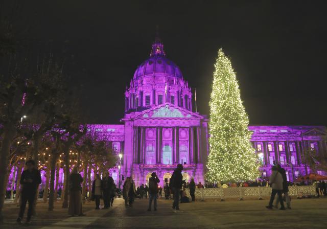 (251217) -- SAN FRANCISCO, Dec. 17, 2025 (Xinhua) -- People enjoy the "City Hall Winter Lights" show outside the City Hall in San Francisco, the United States, Dec. 16, 2025. (Photo by Liu Yilin/Xinhua)