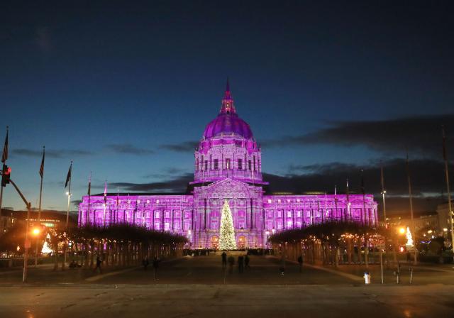 (251217) -- SAN FRANCISCO, Dec. 17, 2025 (Xinhua) -- The "City Hall Winter Lights" show is staged outside the City Hall in San Francisco, the United States, Dec. 16, 2025. (Photo by Liu Yilin/Xinhua)
