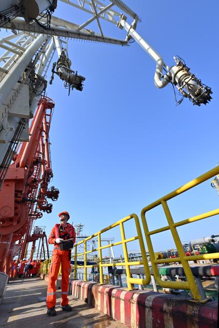 (251218) -- HAIKOU, Dec. 18, 2025 (Xinhua) -- A staff member works after a vessel carrying petrochemical raw materials has arrived at Yangpu Port in Danzhou, south China's Hainan Province, Dec. 18, 2025. China on Thursday launched island-wide special customs operations in the Hainan Free Trade Port (FTP).
   A vessel carrying petrochemical raw materials arrived at Yangpu Port in the morning, marking the first batch of zero-tariff petrochemical raw materials to undergo special customs clearance there after the launch of the special customs operations. The goods amounted to 179,000 tonnes, with the total value of nearly 400 million yuan (about 56.8 million U.S. dollars). (Xinhua/Guo Cheng)