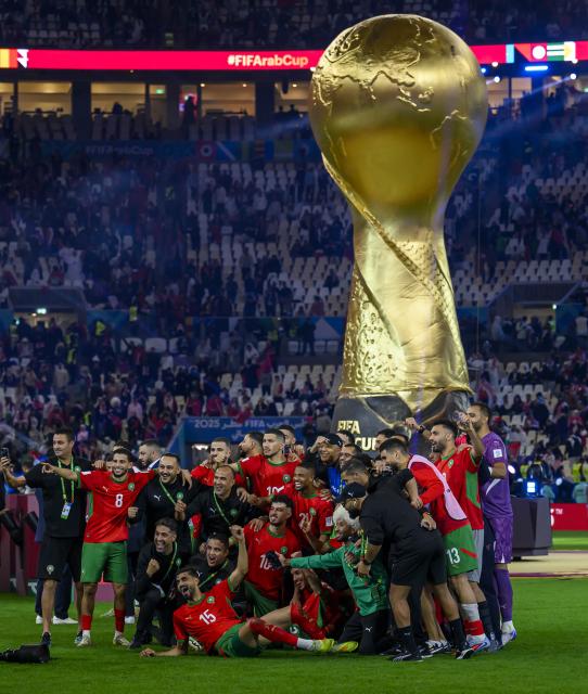 (251219) -- LUSAIL, Dec. 19, 2025 (Xinhua) -- Players of Morocco celebrate after winning the FIFA Arab Cup 2025 final match between Jordan and Morocco at Lusail Stadium in Lusail, Qatar, on Dec. 18, 2025. (Photo by Nikku/Xinhua)
