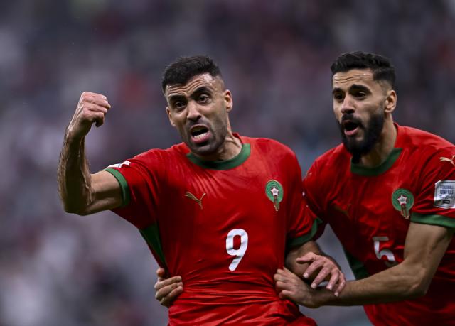 (251219) -- LUSAIL, Dec. 19, 2025 (Xinhua) -- Abderrazzaq Hamed Allah (L) of Morocco celebrates after scoring a goal during the FIFA Arab Cup 2025 final match between Jordan and Morocco at Lusail Stadium in Lusail, Qatar, on Dec. 18, 2025. (Photo by Nikku/Xinhua)