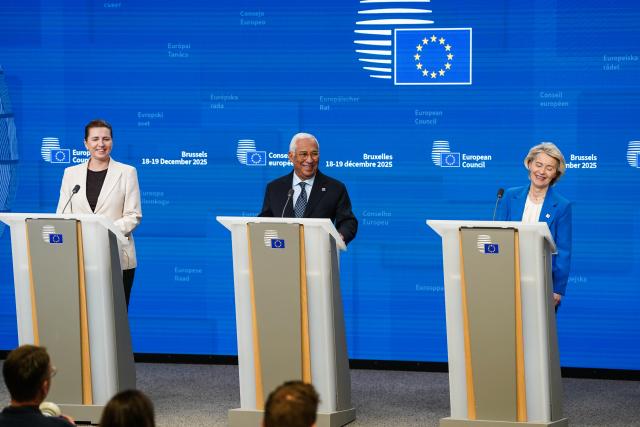 (251219) -- BRUSSELS, Dec. 19, 2025 (Xinhua) -- European Council President Antonio Costa (C), European Commission President Ursula von der Leyen (R) and Danish Prime Minister Mette Frederiksen attend a press conference in Brussels, Belgium, Dec. 18, 2025. The European Council on Friday approved a 90-billion-euro (about 105.4 billion U.S. dollars) loan package to support Ukraine's military and economic needs over the next two years.
   According to a European Council statement, the loan will be financed through European Union borrowing on the capital markets and backed by the EU budget "headroom," the unused margin in the budget that can be mobilized as a guarantee to support EU borrowing. (Xinhua/Peng Ziyang)