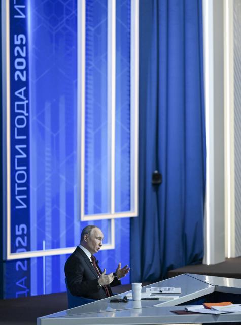 (251219) -- MOSCOW, Dec. 19, 2025 (Xinhua) -- Russian President Vladimir Putin speaks during his annual year-end press conference in Moscow, Russia, Dec. 19, 2025. (Xinhua/Hao Jianwei)