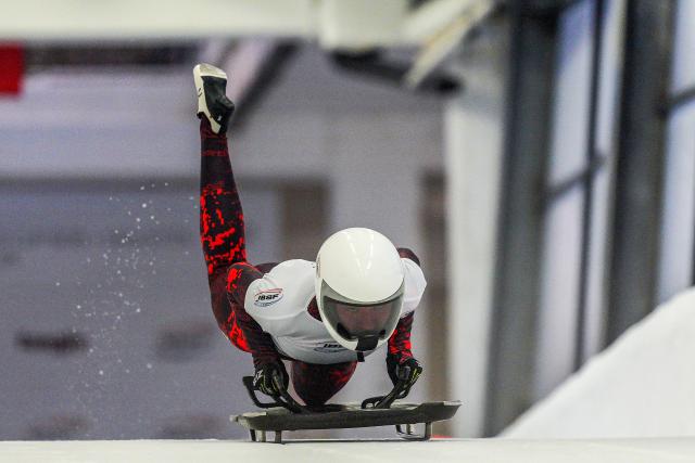 (251220) -- SIGULDA, Dec. 20, 2025 (Xinhua) -- Darta Neimane of Latvia competes during the Women's Skeleton heat at the IBSF World Cup Bobsleigh and Skeleton in Sigulda, Latvia, Dec. 19, 2025. (Photo by Edijs Palens/Xinhua)
