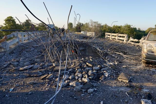 (251220) -- ODDAR MEANCHEY, Dec. 20, 2025 (Xinhua) -- A destroyed concrete bridge is seen at the border area between Chong Kal district of Oddar Meanchey province and Srei Snam district of Siem Reap province, in Cambodia, Dec. 20, 2025.
  Cambodia said on Saturday that the Thai military had used an F-16 fighter jet to bomb a concrete bridge inside Cambodian territory.
"At 10:58 p.m. (on Dec. 19), the Thai military deployed an F-16 fighter jet to drop two bombs, destroying the civilian O' Jik Bridge at the border area between Chong Kal district of Oddar Meanchey province and Srei Snam district of Siem Reap province," Cambodian Defense Ministry's Undersecretary of State and Spokesperson Lt. Gen. Maly Socheata said in a press briefing. (Agence Kampuchea Presse/Handout via Xinhua)