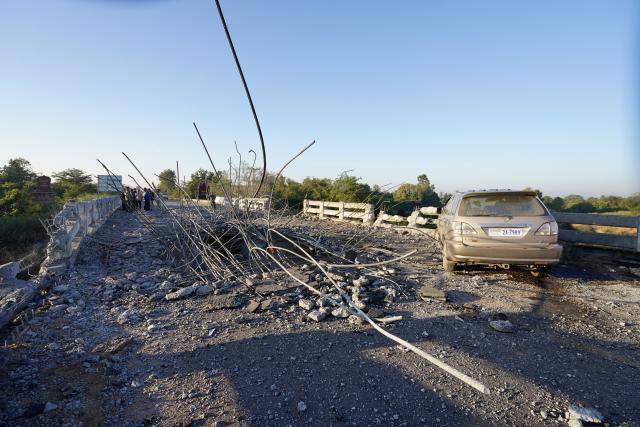 (251220) -- ODDAR MEANCHEY, Dec. 20, 2025 (Xinhua) -- A destroyed concrete bridge is seen at the border area between Chong Kal district of Oddar Meanchey province and Srei Snam district of Siem Reap province, in Cambodia, Dec. 20, 2025.
  Cambodia said on Saturday that the Thai military had used an F-16 fighter jet to bomb a concrete bridge inside Cambodian territory.
"At 10:58 p.m. (on Dec. 19), the Thai military deployed an F-16 fighter jet to drop two bombs, destroying the civilian O' Jik Bridge at the border area between Chong Kal district of Oddar Meanchey province and Srei Snam district of Siem Reap province," Cambodian Defense Ministry's Undersecretary of State and Spokesperson Lt. Gen. Maly Socheata said in a press briefing. (Agence Kampuchea Presse/Handout via Xinhua)
