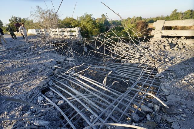 (251220) -- ODDAR MEANCHEY, Dec. 20, 2025 (Xinhua) -- A destroyed concrete bridge is seen at the border area between Chong Kal district of Oddar Meanchey province and Srei Snam district of Siem Reap province, in Cambodia, Dec. 20, 2025.
  Cambodia said on Saturday that the Thai military had used an F-16 fighter jet to bomb a concrete bridge inside Cambodian territory.
"At 10:58 p.m. (on Dec. 19), the Thai military deployed an F-16 fighter jet to drop two bombs, destroying the civilian O' Jik Bridge at the border area between Chong Kal district of Oddar Meanchey province and Srei Snam district of Siem Reap province," Cambodian Defense Ministry's Undersecretary of State and Spokesperson Lt. Gen. Maly Socheata said in a press briefing. (Agence Kampuchea Presse/Handout via Xinhua)