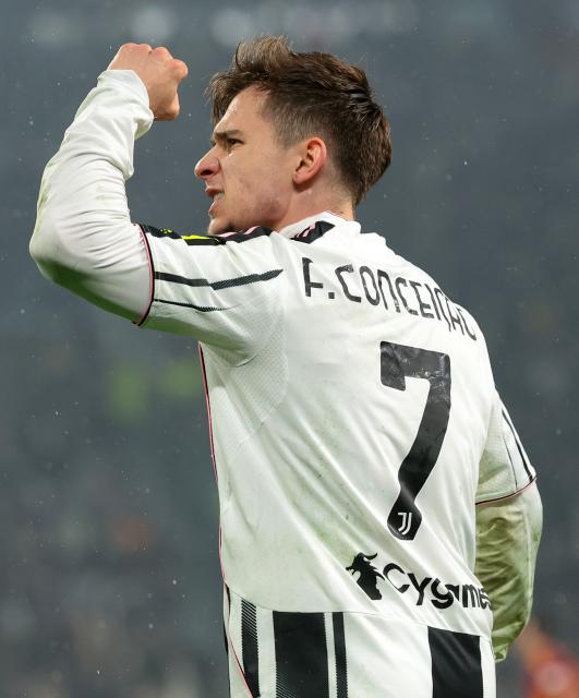(251221) -- TURIN, Dec. 21, 2025 (Xinhua) -- Juventus' Francisco Coincencao celebrates his goal during a Serie A football match between Juventus and Roma in Turin, Italy, Dec. 20, 2025. (Xinhua)
