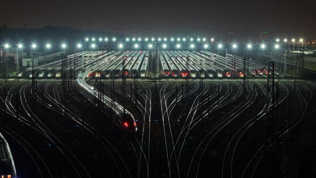 (251223) -- YINCHUAN, Dec. 23, 2025 (Xinhua) -- An aerial drone photo taken on Jan. 14, 2025 shows bullet trains at a maintenance base in Changsha, central China's Hunan Province. (Xinhua/Chen Zhenhai)