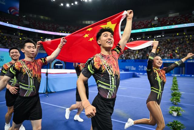 (251227) -- BEIJING, Dec. 27, 2025 (Xinhua) -- Here is Xinhua News Agency's selection of the 10 most significant pieces of Chinese sports news in 2025: From August 7 to 17, the 12th World Games were held in Chengdu, southwest China's Sichuan Province, featuring nearly 4,000 athletes from more than 110 countries and regions. China won 36 gold, 17 silver and 11 bronze medals, topping both the gold medal table and overall standings for the first time.
This file photo taken on Aug. 15, 2025 shows team China celebrating after the Aerobic Gymnastics Group Final at The World Games 2025 in Chengdu, southwest China's Sichuan Province. (Xinhua/Du Zixuan)