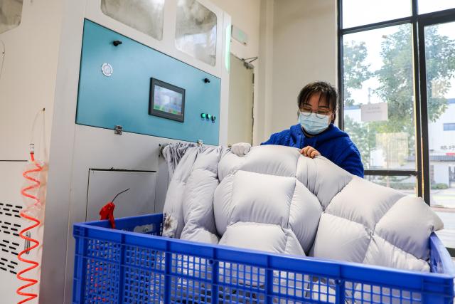 (251227) -- NANNING, Dec. 27, 2025 (Xinhua) -- This photo taken on Dec. 18, 2025 shows a worker filling a down quilt at a down company in Qiaoxu Town, Gangnan District of Guigang City, south China's Guangxi Zhuang Autonomous Region. Gangnan District in Guigang City of Guangxi is called "Home of down industry in China". Starting from the 1980s, the local down industry now mainly gathers in Qiaoxu Town, which after over 40 years of development, has formed a complete industrial chain covering primary feather selecting and processing, washed feather and down processing and down products making. Nowadays, there are 170 relative companies in Gangnan District, producing a total volume of feather and down of about 90,000 tonnes a year. (Xinhua/Cao Yiming)