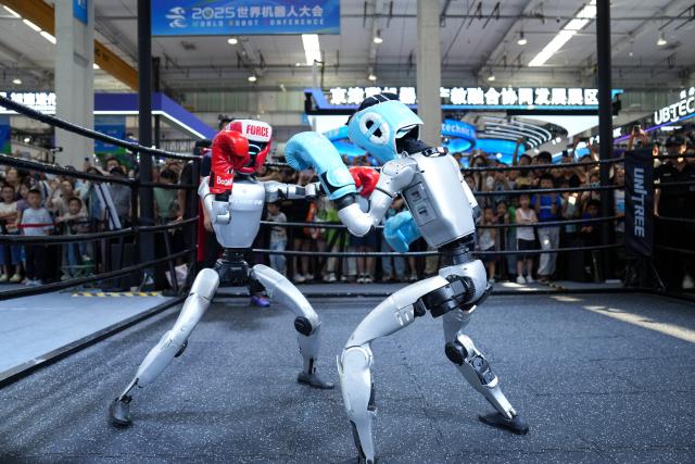 (251228) -- BEIJING, Dec. 28, 2025 (Xinhua) -- Here is Xinhua News Agency's selection of the 10 most significant pieces of international sports news in 2025: In 2025, humanoid robot sports competitions in China have gained wide attention both at home and abroad. In April, humanoid robots and human runners took to the same half-marathon course in Beijing for the first time. Wuxi hosted the first multi-sport games for embodied intelligent robots, with over 150 robot athletes competing in a variety of events. In August, Beijing held the inaugural World Humanoid Robot Games, featuring 280 teams from 16 countries and regions.
This file photo taken on Aug. 11, 2025 shows humanoid robots combating during a kickboxing match at the 2025 World Humanoid Robot Games in Beijing, capital of China. (Xinhua/Ju Huanzong)