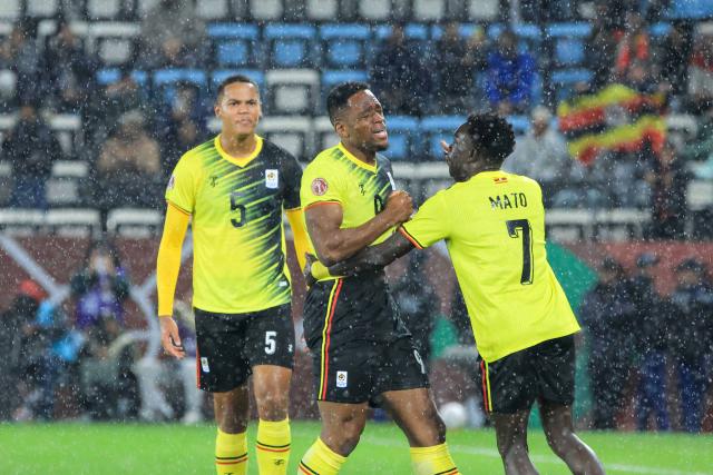 (251228) -- MOROCCO, Dec. 28, 2025 (Xinhua) -- Uche Ikpeazu (C) celebrates with his teammates after scoring during the group C match between Tanzania and Uganda at the Africa Cup of Nations 2025 in Rabat, Morocco, Dec. 27, 2025. (Photo by Hajarah Nalwadda/Xinhua)