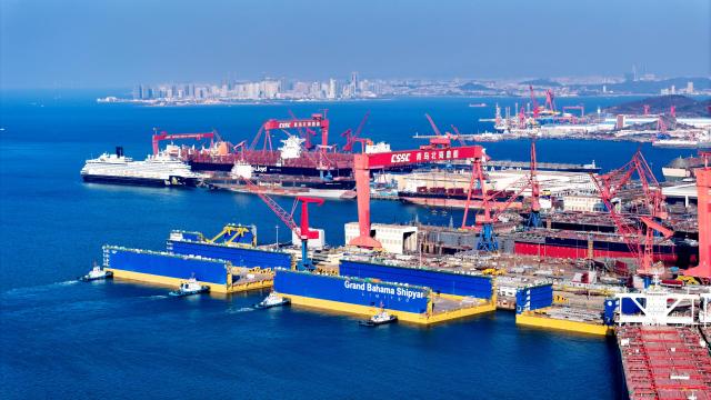 (251228) -- JINAN, Dec. 28, 2025 (Xinhua) -- An aerial drone photo taken on Dec. 24, 2025 shows the China State Shipbuilding Corporation Qingdao Beihai Shipbuilding Co., Ltd. conducting shipbuilding work at the Haixi Bay Shipbuilding and Marine Engineering Industrial Base in Qingdao, east China's Shandong Province. In recent years, Shandong has been committed to building a high-end industrial cluster integrating shipbuilding and marine engineering equipment in Shandong Peninsula, embarking on a high-quality development path driven by the marine economy. (Xinhua/Guo Xulei)