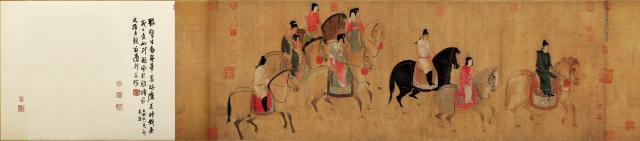 (251229) -- SHENYANG, Dec. 29, 2025 (Xinhua) -- This undated file photo shows a Song Dynasty (960-1279 AD) replica of the painting "Lady Guoguo's Spring Outing." The painting, attributed to Tang Dynasty (618-907 AD) court painter Zhang Xuan, is one of the figure painting masterpieces depicting aristocratic women. The work will be on display at Liaoning Provincial Museum from Dec. 30, 2025 to March 29, 2026. (Xinhua)