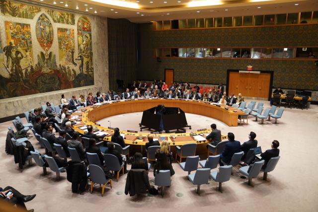 (251230) -- UNITED NATIONS, Dec. 30, 2025 (Xinhua) -- UN Security Council holds a meeting at the UN headquarters in New York, on Dec. 29, 2025. The UN Security Council on Monday unanimously adopted a resolution to extend the mandate of the UN peacekeeping force in the Golan Heights for six months, until June 30, 2026. (Xinhua/Zhang Fengguo)