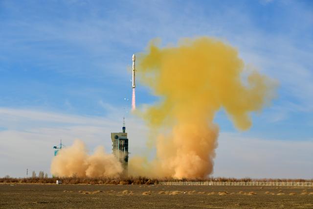 (251230) -- JIUQUAN, Dec. 30, 2025 (Xinhua) -- A Long March-4B rocket carrying the Tianhui-7 satellite blasts off from the Jiuquan Satellite Launch Center in northwest China, Dec. 30, 2025. The satellite, launched at 12:12 p.m. (Beijing time), has entered the preset orbit successfully, according to the center. It will be primarily used for tasks such as geographic mapping, land resource surveys, and scientific research. (Photo by Wang Jiangbo/Xinhua)