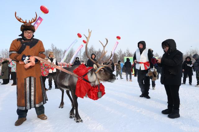 (251230) -- MOHE, Dec. 30, 2025 (Xinhua) -- Tourists interact with a reindeer during a winter fishing event in Mohe, northeast China's Heilongjiang Province, Dec. 30, 2025. The event held on Tuesday showcased some customs and folk arts only found in Mohe. (Photo by Shao Tianli/Xinhua)