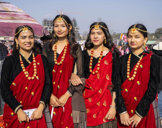 (251230) -- KATHMANDU, Dec. 30, 2025 (Xinhua) -- Women in traditional attire from the Gurung community are pictured during the celebration of Tamu Lhosar festival to mark the commencement of Gurung New Year in Kathmandu, Nepal, Dec. 30, 2025. (Photo by Hari Maharjan/Xinhua)