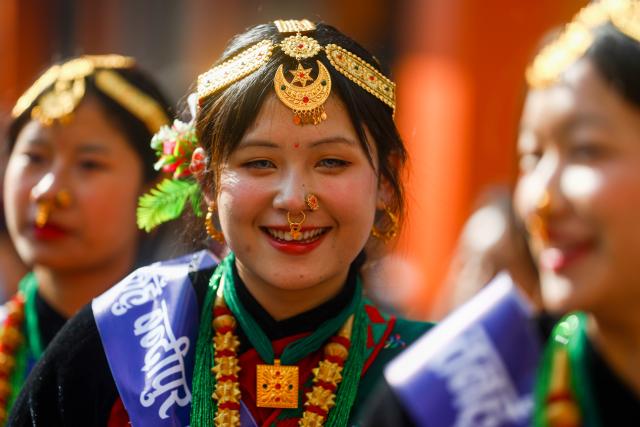 (251230) -- KATHMANDU, Dec. 30, 2025 (Xinhua) -- Girls in traditional attire from the Gurung community are pictured during the celebration of Tamu Lhosar festival to mark the commencement of Gurung New Year in Kathmandu, Nepal, Dec. 30, 2025. (Photo by Sulav Shrestha/Xinhua)