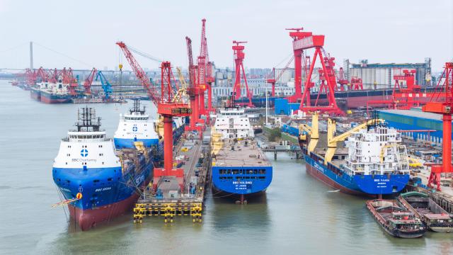 (251231) -- BEIJING, Dec. 31, 2025 (Xinhua) -- A drone photo shows several large vessels under construction at a shipbuilding company in Gaogang District of Taizhou, east China's Jiangsu Province, Dec. 27, 2025. As the year draws to a close, companies across the country are ramping up efforts, intensifying production to make a final push. (Photo by Zhou Shegen/Xinhua)