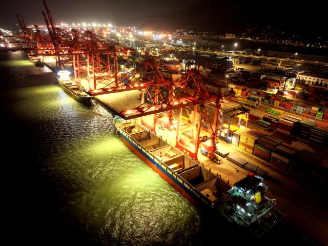 (251231) -- BEIJING, Dec. 31, 2025 (Xinhua) -- An aerial drone photo shows cargo ships loading and unloading containers at the container terminal at Lianyungang Port, east China's Jiangsu Province, Dec. 31, 2025. As the year draws to a close, companies across the country are ramping up efforts, intensifying production to make a final push. (Photo by Wang Chun/Xinhua)