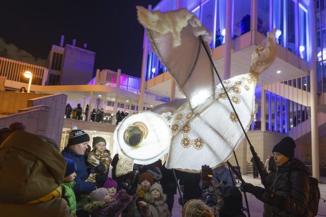 (260101) -- ESPOO, Jan. 1, 2026 (Xinhua) -- People view a bird-shaped light-art installation during a New Year's Eve light show in Espoo, a city in southern Finland, Dec. 31, 2025. (Photo by Matti Matikainen/Xinhua)