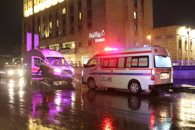 (260101) -- DAMASCUS, Jan. 1, 2026 (Xinhua) -- Photo taken on early hours of Jan. 1, 2026 shows ambulances near the site of the suicide bombing in Aleppo city, northern Syria. One person was killed, and several members of Syria's internal security forces were wounded on Wednesday after a suicide bomber targeted a police patrol in the Bab al-Faraj area of northern Syria's Aleppo city, according to several state media reports. (Str/Xinhua)