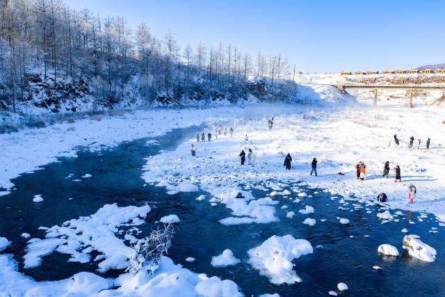 (260101) -- ARXAN, Jan. 1, 2026 (Xinhua) -- An aerial drone photo shows tourists having fun by the Halha River in the city of Arxan of Hinggan League, north China's Inner Mongolia Autonomous Region, Jan. 1, 2026. Despite Arxan's frigid winter cold, this geothermally-affected section of the Halha River never freezes, which attracts great amount of tourists in winter. (Xinhua/Ma Jinrui)
