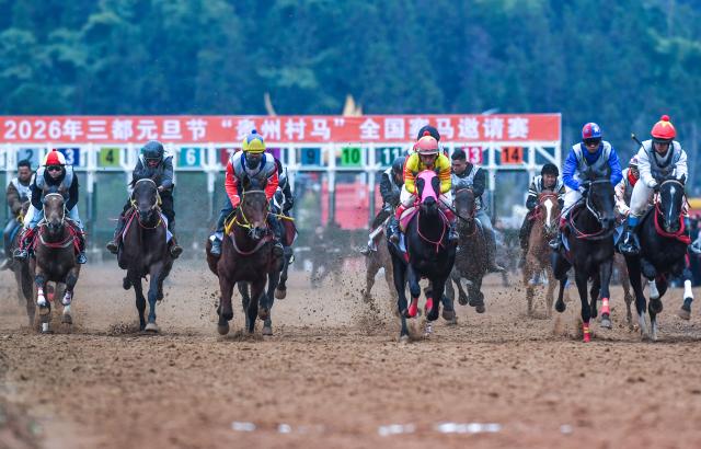 (260102) -- BEIJING, Jan. 2, 2026 (Xinhua) -- Participants compete during a horse racing event held to celebrate the arrival of 2026 in Sandu Shui Autonomous County, southwest China's Guizhou Province, Jan. 1, 2026. (Xinhua/Yang Wenbin)