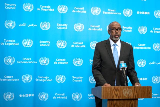 (260102) -- UNITED NATIONS, Jan. 2, 2026 (Xinhua) -- Somali UN ambassador Abukar Dahir Osman speaks at a flag installation ceremony for the five new elected members of the Security Council in his capacity as president of the Security Council for the month of January and co-host, at the UN headquarters in New York, Jan. 2, 2026. Bahrain, Colombia, the Democratic Republic of the Congo, Latvia and Liberia on Friday began to assume responsibilities as non-permanent members of the UN Security Council. (Mark Garten/UN Photo/Handout via Xinhua)