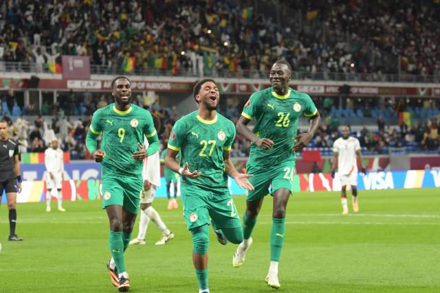 (260104) -- TANGIERS, Jan. 4, 2026 (Xinhua) -- Senegal's Ibrahim Mbaye (C) celebrates scoring his team's third goal during round of 16 football match between Senegal and Sudan at the CAF Africa Cup of Nations 2025 in Tangiers, Morocco, Jan. 3, 2026. (Photo by Aissa/Xinhua)