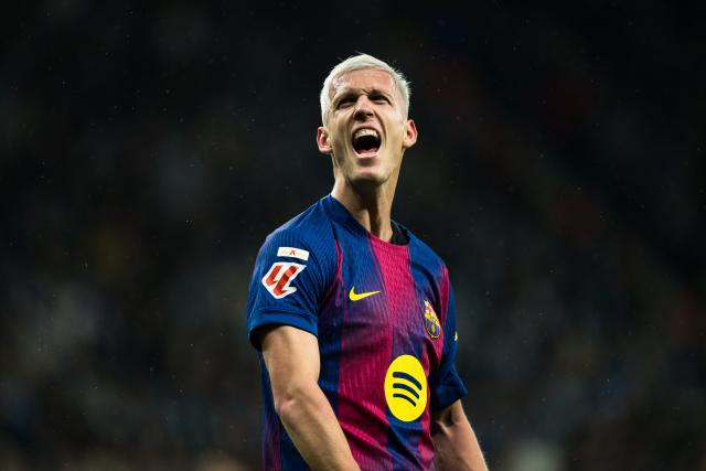 (260104) --BARCELONA, Jan. 4, 2026 (Xinhua) -- Barcelona's Dani Olmo celebrates his score during LaLiga football match between RCD Espanyol and FC Barcelona in RCDE Stadium, Cornella, Barcelona, Spain, Jan. 3, 2026. (Photo by Joan Gosa/Xinhua)