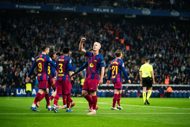 (260104) --BARCELONA, Jan. 4, 2026 (Xinhua) -- Barcelona's Dani Olmo (C) celebrates his score during LaLiga football match between RCD Espanyol and FC Barcelona in RCDE Stadium, Cornella, Barcelona, Spain, Jan. 3, 2026. (Photo by Joan Gosa/Xinhua)