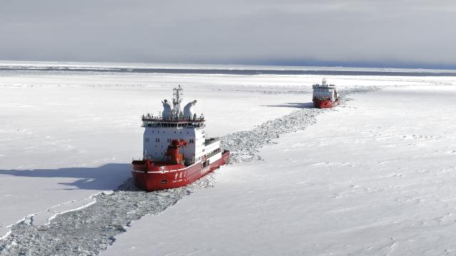 (260104) -- BEIJING, Jan. 4, 2026 (Xinhua) -- A drone photo taken on Dec. 5, 2025 shows research icebreakers Xuelong and Xuelong 2 (front) conducting China's 42nd Antarctic expedition. (Photo by Chen Dongbin/Xinhua)
