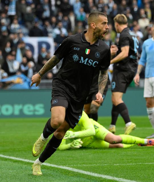 (260104) -- ROME, Jan. 4, 2026 (Xinhua) -- Napoli's Leonardo Spinazzola celebrates his goal during a Serie A football match between Lazio and Napoli in Rome, Italy, Jan. 4, 2026. (Photo by Augusto Casasoli/Xinhua)