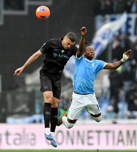 (260104) -- ROME, Jan. 4, 2026 (Xinhua) -- Napoli's Alessandro Buongiorno (L) vies with Lazio's Tijjani Noslin during a Serie A football match between Lazio and Napoli in Rome, Italy, Jan. 4, 2026. (Photo by Augusto Casasoli/Xinhua)
