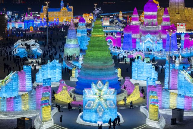 (260105) -- HARBIN, Jan. 5, 2026 (Xinhua) -- An aerial drone photo taken on Jan. 5, 2026 shows a view of the Harbin Ice-Snow World in Harbin, northeast China's Heilongjiang Province. The 42nd Harbin International Ice and Snow Festival kicked off at the Harbin Ice-Snow World here on Monday. (Xinhua/Zhang Tao)