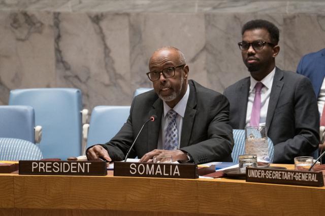 (260105) -- UNITED NATIONS, Jan. 5, 2026 (Xinhua) -- Somali UN ambassador Abukar Dahir Osman (front) presides over the UN Security Council emergency meeting in his capacity as rotating council president at the UN headquarters in New York, Jan. 5, 2026. (Mark Garten/UN Photo/Handout via Xinhua)