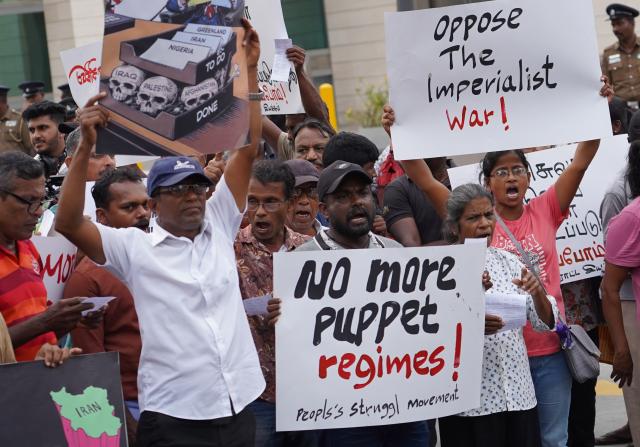 (260105) -- COLOMBO, Jan. 5, 2026 (Xinhua) -- People take part in a rally opposing U.S. attack on Venezuela outside the U.S. Embassy in Colombo, Sri Lanka, Jan. 5, 2026. (Xinhua/Wu Ziyu)
