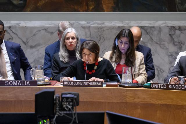 (260105) -- UNITED NATIONS, Jan. 5, 2026 (Xinhua) -- UN Under-Secretary-General for Political Affairs Rosemary DiCarlo (C, front) speaks at an emergency meeting of the Security Council on behalf of UN Secretary-General Antonio Guterres, at the UN headquarters in New York, Jan. 5, 2026. Guterres on Monday voiced deep concern over the lack of respect for international law in the U.S. military action against Venezuela on Saturday. (Loey Felipe/UN Photo/Handout via Xinhua)